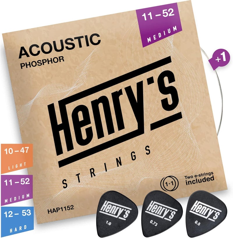 Henry's Strings Medium Acoustic Guitar Strings Medium 11-52 - Extra E1 String & 3 Guitar Picks Bonus - Phosphor Bronze Acoustic Guitar Strings 6 String Set - Image 1